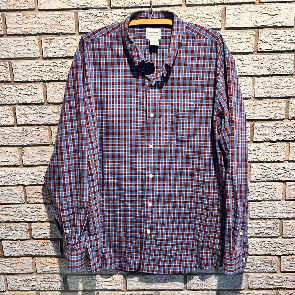 LL Bean Mens Traditional Fit Plaid Button Down Shirt Blue Maroon L-REG 505642